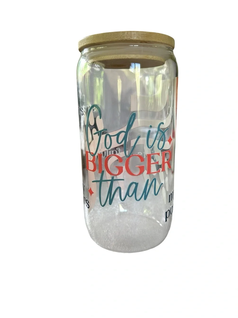 Glass Canister with Bamboo Lid - 'Bigger Than' Teal and Coral Script